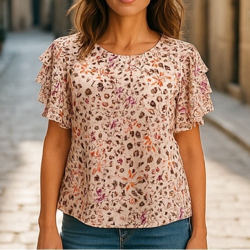 DR2 by Daniel Rainn Flowing Popover Blouse Floral Tiered Sleeves Sz XXL